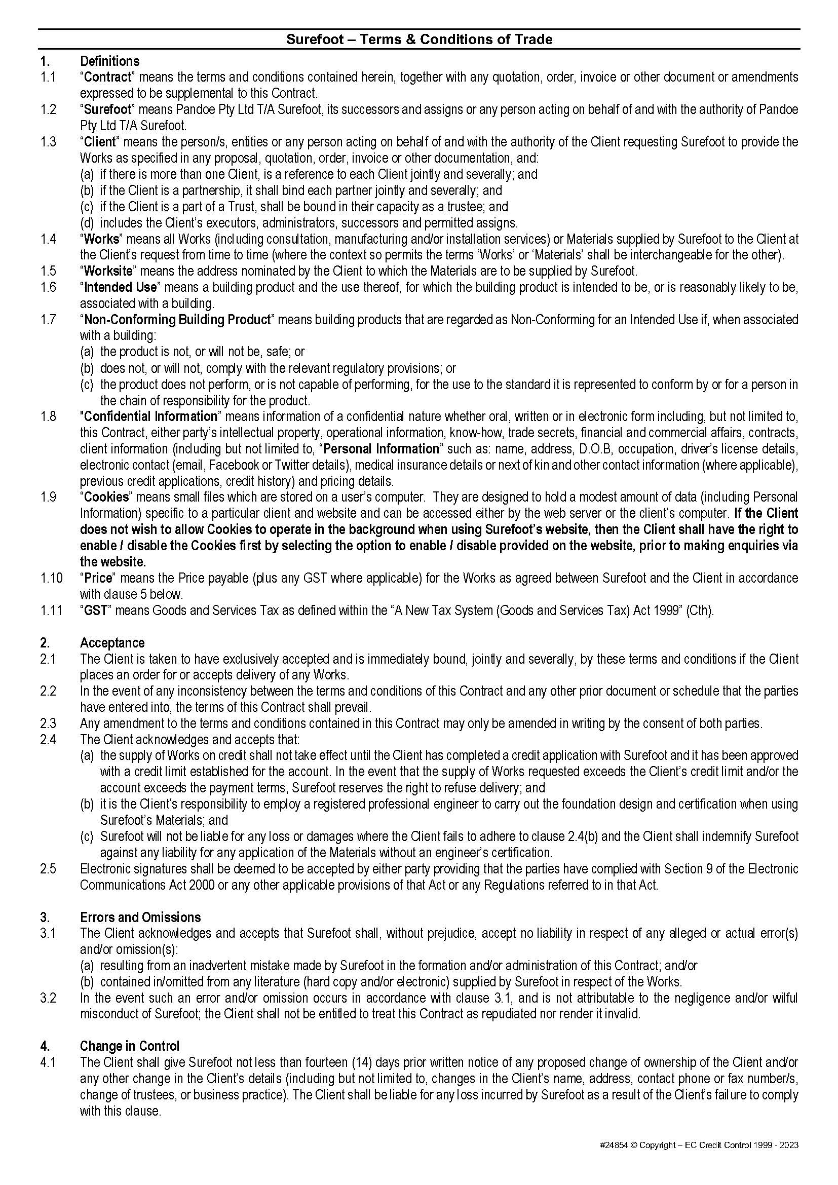 Surefoot Terms Conditions of Trade Page 1
